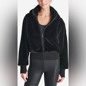 Brand New With Tag! DKNY Black Faux Fur Jacket With Removable Hood